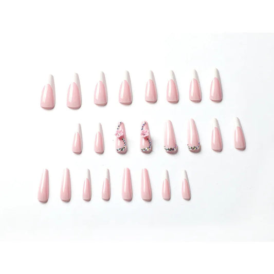 24Pcs Cute Pink Flower Rhinestone Design Super Long Square Press on Nails