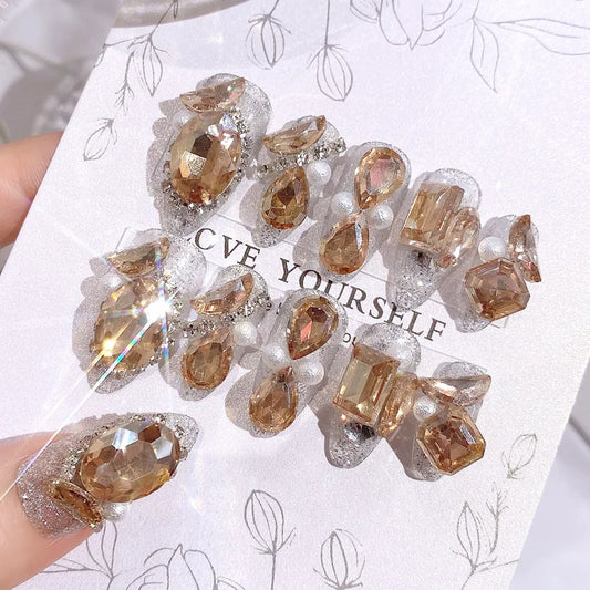 Handmade Large Gold Rhinestone 3D Pearl Design Press On Nail