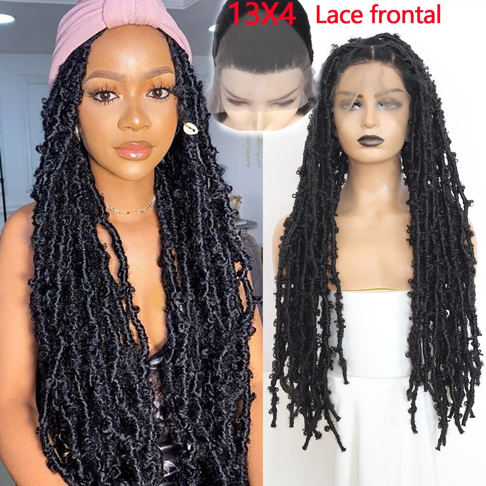 Lace Frontal Braided wig Pop Butterfly locs Crochet hair Braid Wigs with Baby Hair for Women Ombre Burgundy Full Head Lace Wig