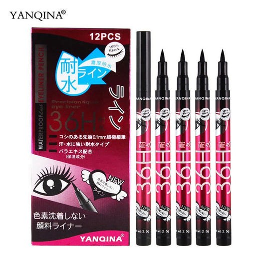 12 Pcs/box Waterproof Eyeliner Pen Eyes Makeup Black Liquid Eye Liner Pencil Make up Cosmetics Fast-dry Eyeliners Stick Tool
