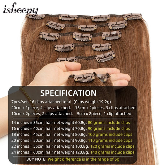 Isheeny 14"-24" Clip In Human Hair Extensions Brazilian Remy Natural Clip In Hairpiece Real Natural Human Hair Clip On 80G-140G