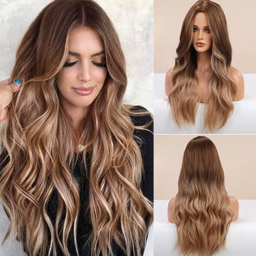 Long Brown Ombre Synthetic Wigs for Women Natural Hair Wavy Wigs Middle Part Female Wig Cosplay Heat Resistant Fiber Wigs