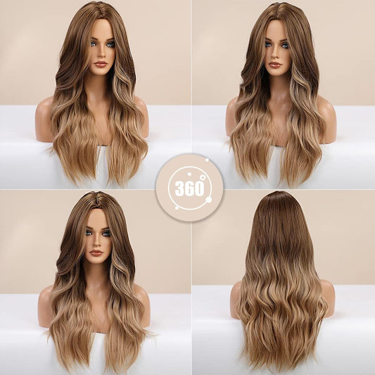 Long Brown Ombre Synthetic Wigs for Women Natural Hair Wavy Wigs Middle Part Female Wig Cosplay Heat Resistant Fiber Wigs