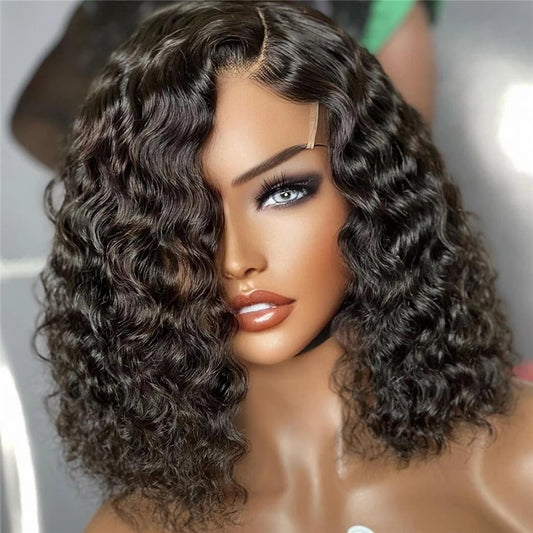 Peruvian Water Wave Human Hair Bob Wigs T Part Transparents Lace Frontal Wig Middle Part Short Human Hair Curly 4X4 Closure Wig