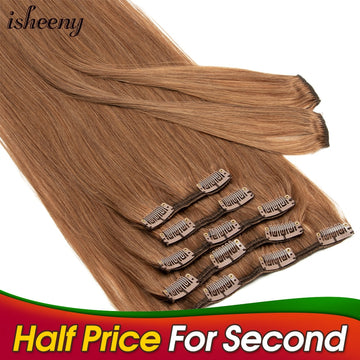 Isheeny 14"-24" Clip In Human Hair Extensions Brazilian Remy Natural Clip In Hairpiece Real Natural Human Hair Clip On 80G-140G